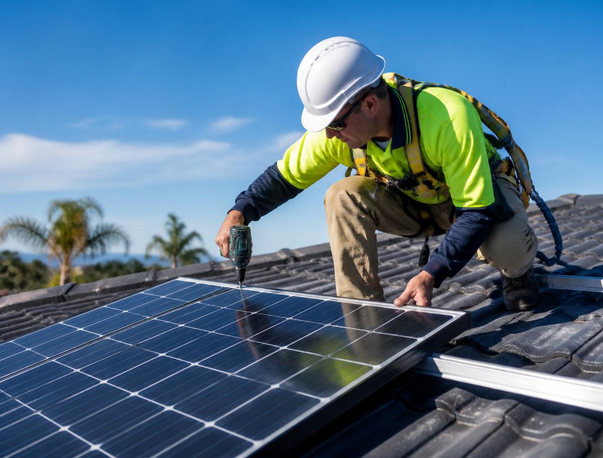 Accredited installer fitting solar panels on a residential roof